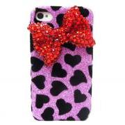 Bling Velvet iphone 4 Case, Red Bow iphone 4G Case,Crystal iphone 4S Case, Purple iphone 4 Case Cover, Black Heart Bow iphone 4 Case A1